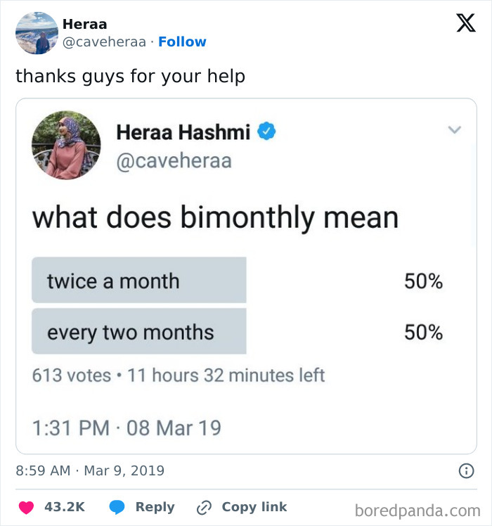 Poll confusion over "bimonthly" meaning sparks humor in science meme.