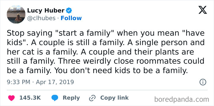 Tweet about redefining family norms, emphasizing that families can be diverse and don't require children.