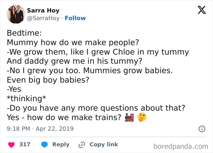 Funny tweet about where babies come from, featuring a child's innocent questions and a humorous twist about trains.
