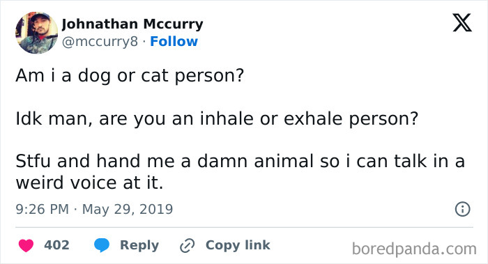 Tweet shows humorous dialogue about choosing between cats or dogs.
