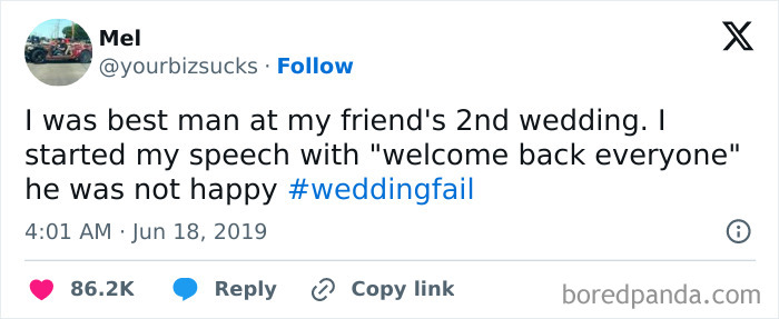 Tweet showing British humor with a best man joking about a second wedding, using #weddingfail.