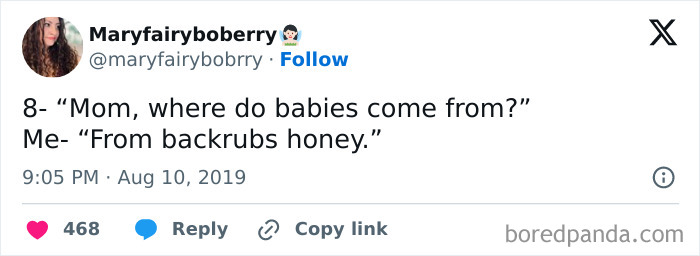 Funny tweet about where babies come from, jokingly attributed to backrubs.