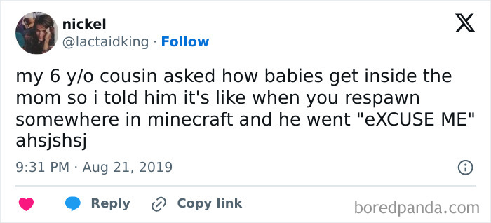 Funny tweet about explaining where babies come from using a Minecraft analogy.
