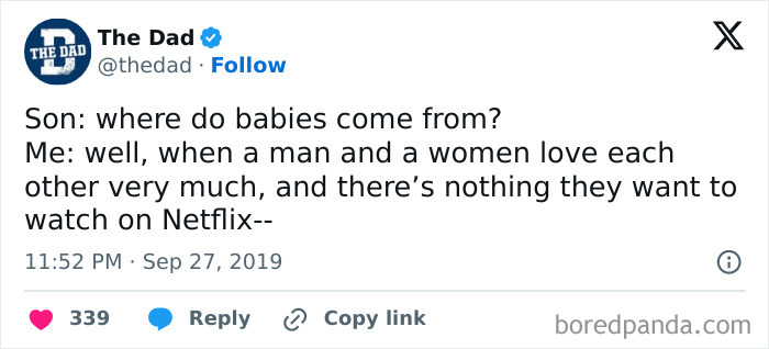 Funny tweet about where babies come from, involving a humorous reply related to watching Netflix.