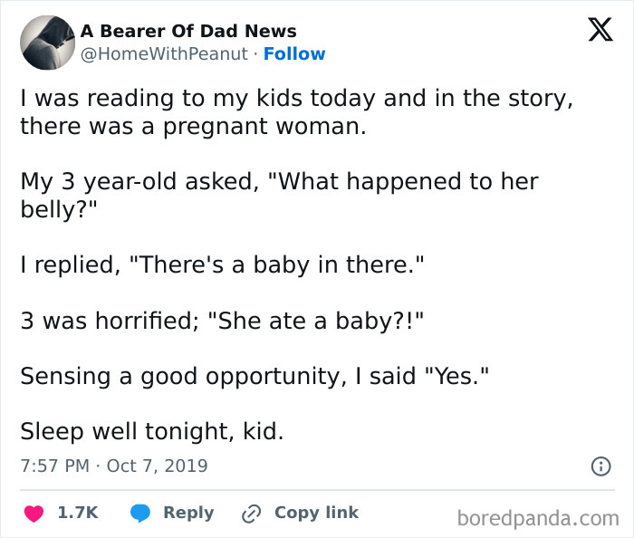 Funny tweet exchange about where babies come from involving a child's humorous misunderstanding.