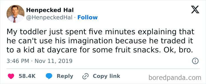 Meme from Instagram page captioned about a toddler trading imagination for fruit snacks at daycare.