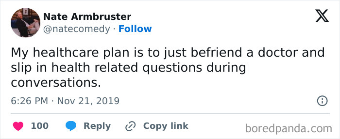 Hilarious meme about healthcare, suggesting befriending a doctor for free advice, shared on Instagram.