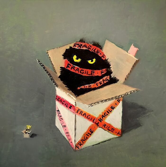 Chaotic black cat inside a "fragile" box, painted humorously, with intense yellow eyes, taped with warnings.