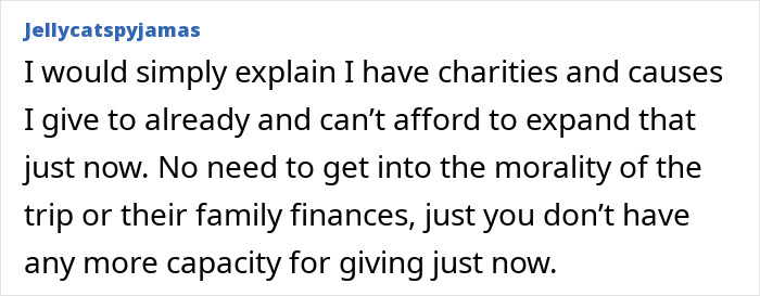 Text screenshot discussing a response to a woman asking for money for her daughter's exotic trip, emphasizing financial limits.