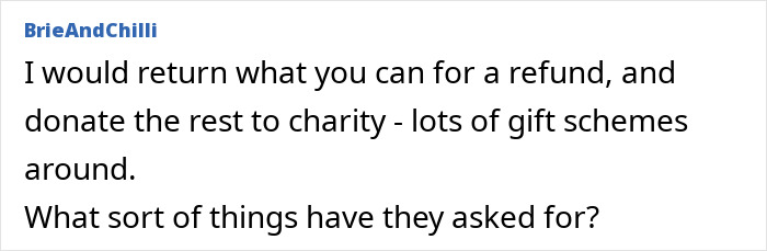 Comment suggesting to refund gifts, donate to charity.