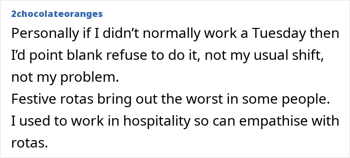 Text conversation discussing discrimination related to covering shifts during Christmas.