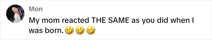 Text exchange with mom reacting humorously to baby's appearance, seeking DNA test verification.