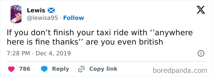 Tweet exemplifying British humor about taxi rides, mentioning the phrase "anywhere here is fine thanks."