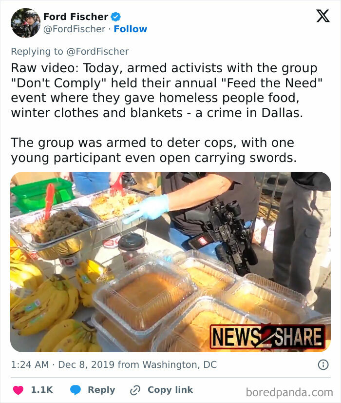 Armed activists serving food to the homeless at "Feed the Need" event, showcasing chaotic good intentions and methods.