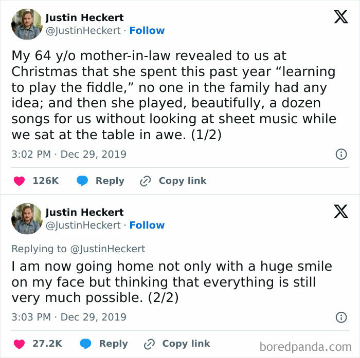 Amazing mother-in-law surprises family by playing fiddle beautifully at Christmas without sheet music.