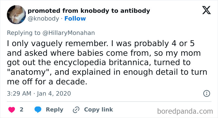 Funny tweet about asking where babies come from, with a detailed explanation using an encyclopedia.