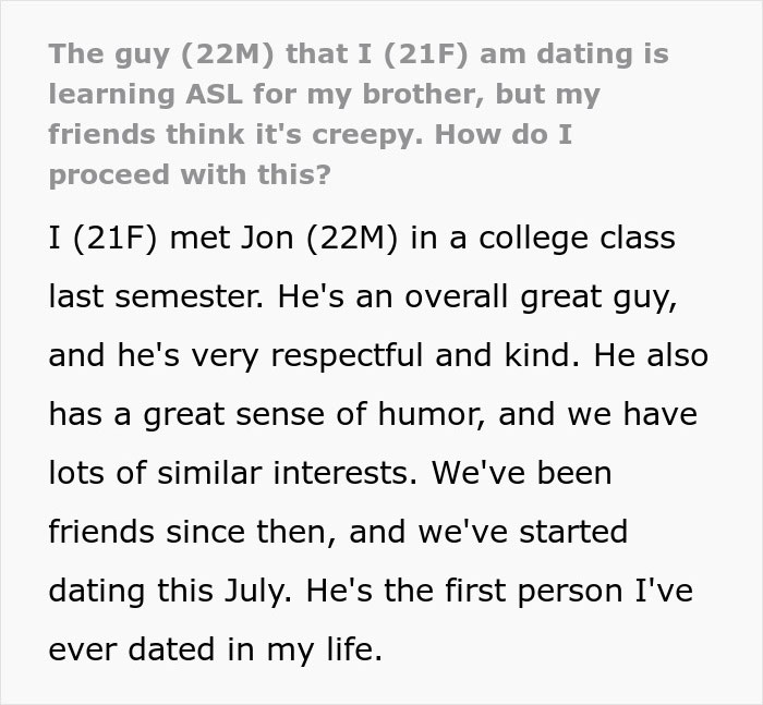 Woman Confused After Boyfriend Learns ASL For Her Deaf Brother, But Friends Say It’s Creepy Woman Confused After Boyfriend Learns ASL For Her Deaf Brother, But Friends Say It’s Creepy