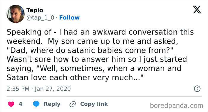 Tweet about a funny, awkward conversation on where babies come from involving a child and a humorous response.