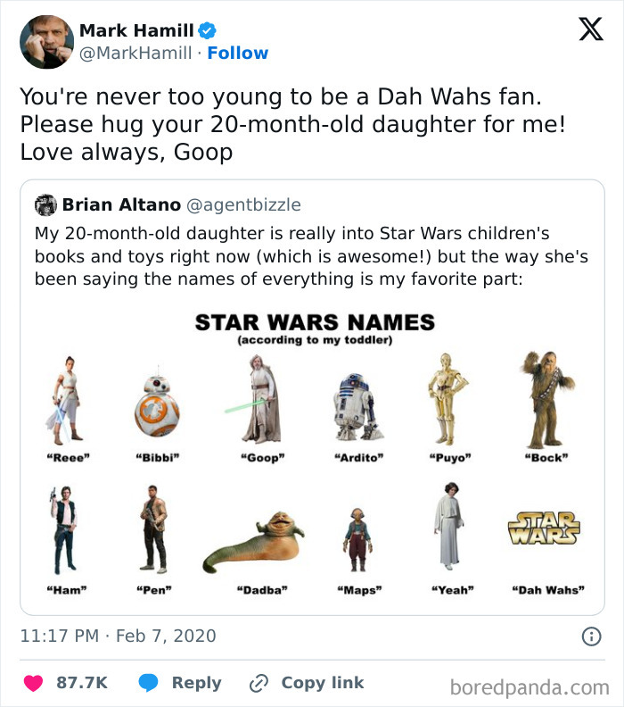 Tweet by Mark Hamill responding to a fan about creative toddler Star Wars names.
