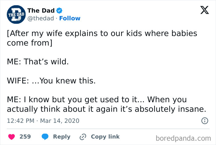 Tweet by The Dad humorously reacting to kids learning about where babies come from.
