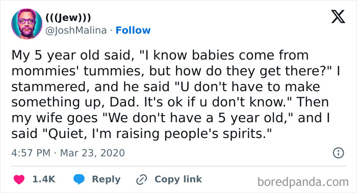 Funny tweet about where babies come from, featuring a humorous conversation between a parent and their child.