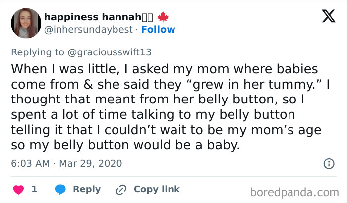 Funny tweet about a child's misunderstanding of where babies come from, featuring a story about talking to a belly button.