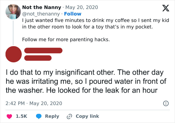 Social media post featuring random memes about parenting hacks and pranks on loved ones.