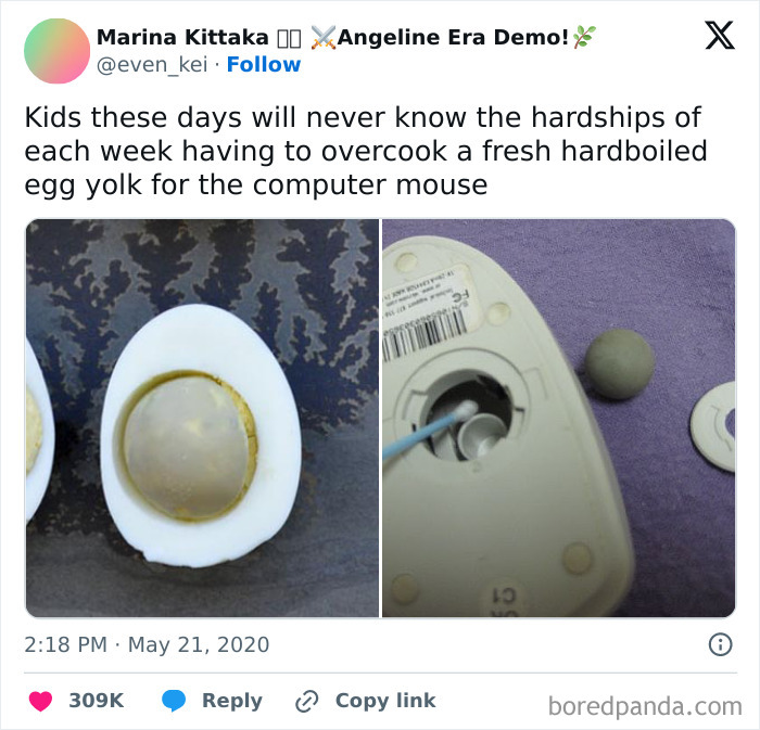 Overcooked egg yolk and computer mouse ball in science memes humorously comparing old tech struggles.