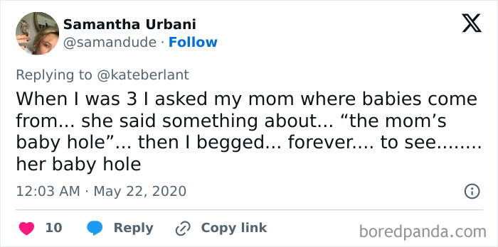 Tweet screenshot about a funny toddler's inquiry on where babies come from, shared by a user.