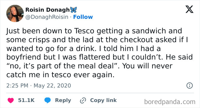 Tweet with British humor about a Tesco meal deal misunderstanding at checkout.