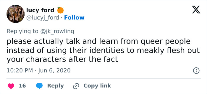 Tweet reacting to JK Rowling, expressing criticism about representation in her characters.