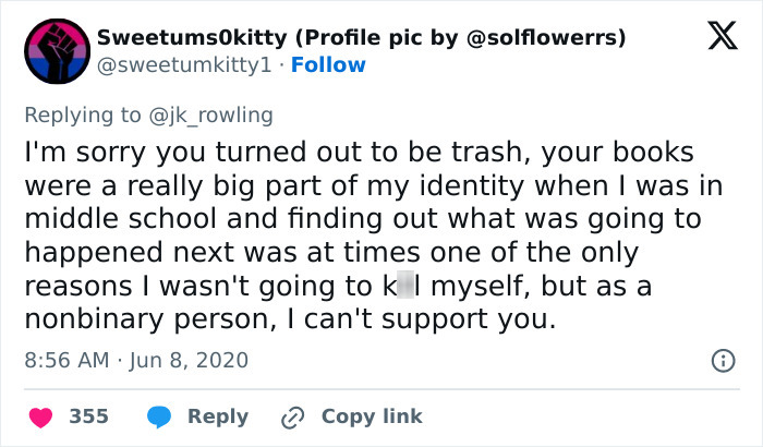 Tweet reacting to JK Rowling's New York Times objection, expressing disappointment and identity conflict.
