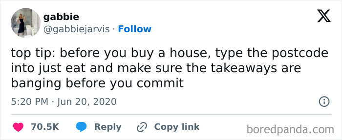 Tweet showcasing British humor about checking takeaways before buying a house.