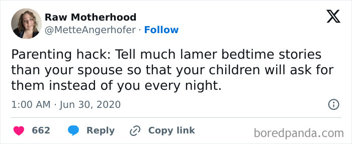 Tweet sharing a humorous parenting genius trick about bedtime storytelling.