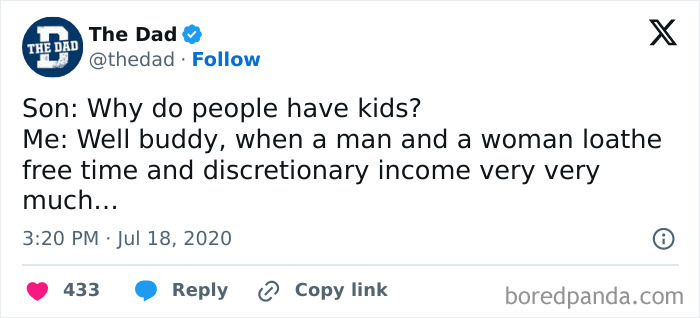 Tweet about parenting humor by The Dad, mentioning why people have kids and losing free time.