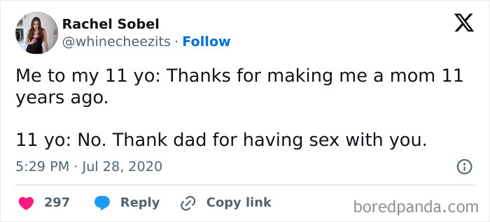 Funny tweet about where babies come from, highlighting a humorous conversation between a mom and her 11-year-old child.