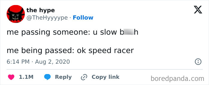 Funny post about speed, comparing reactions to passing and being passed on the road.