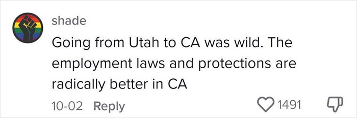Comment on moving to a blue state, mentioning better employment laws in CA compared to Utah, with high likes.