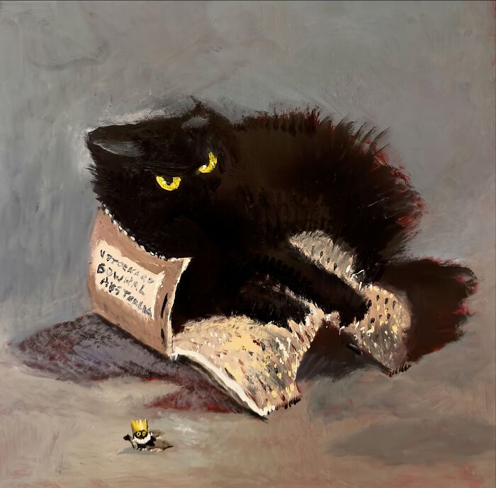 Chaotic black cat lounging on newspaper in a humorous painting.