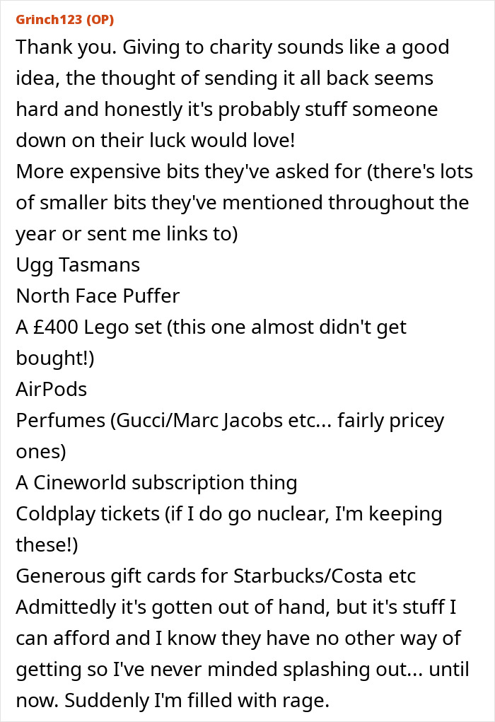 Text detailing expensive gift requests from a poor family, including Uggs, AirPods, and concert tickets.