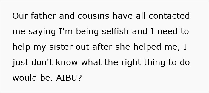 Text screenshot discussing family opinions on sharing lottery winnings with a sister. Text screenshot discussing family opinions on sharing lottery winnings with a sister.