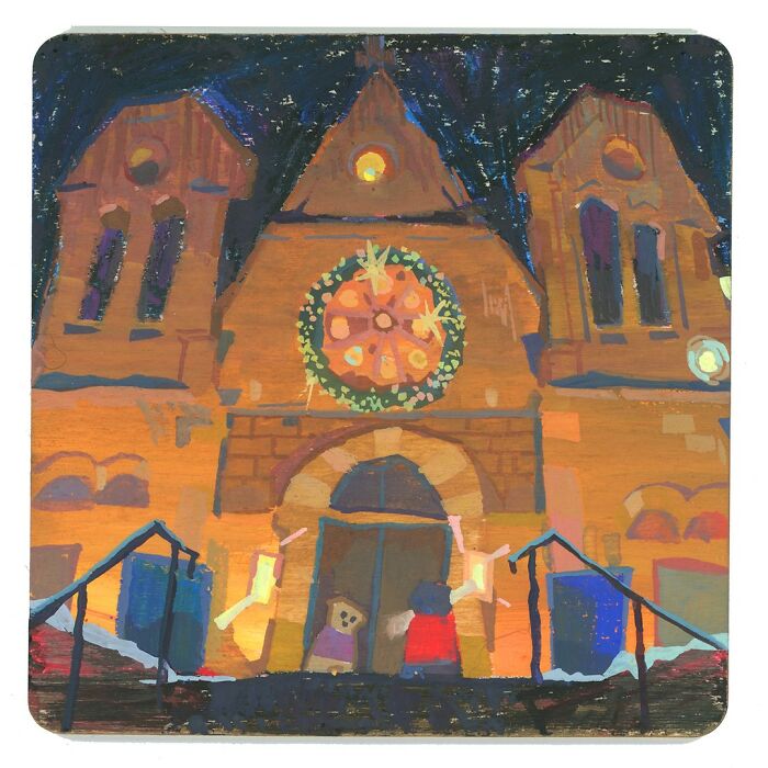 Cozy plein-air painting of an illuminated building entrance at night with a wreath and a person on the steps.