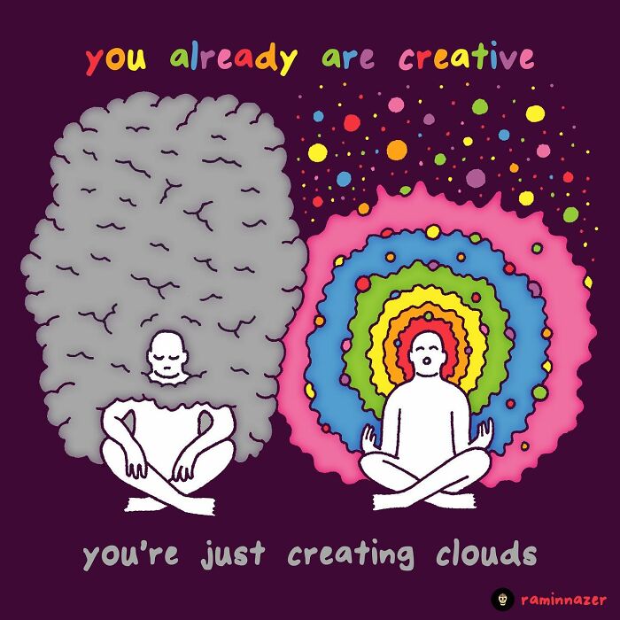 Vibrant illustration by Ramin Nazer featuring meditative figures with creative clouds and colorful auras.