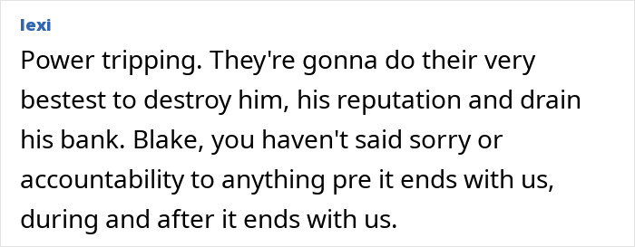 Comment about power struggles related to Justin Baldoni's legal issues and threats. Comment about power struggles related to Justin Baldoni's legal issues and threats.