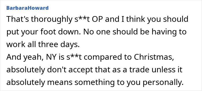 Text exchange addressing workplace discrimination during holidays.