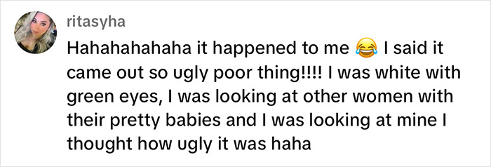 Comment from ritasya about baby's appearance, mentioning baby looked ugly with emojis and humor.