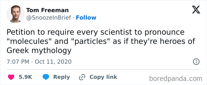 Science meme humor: Tweet suggests pronouncing "molecules" and "particles" like Greek mythology heroes for fun.