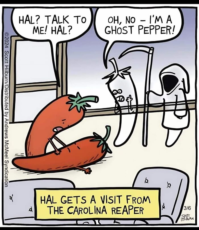 Cartoon peppers featuring dad's humor with a ghost pepper joke in a comic strip.