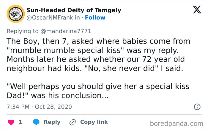 Funny tweet about a 7-year-old's conclusion on where babies come from after a conversation with a parent.