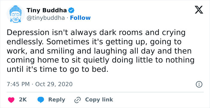 Tweet about depression highlighting daily routine struggles, emphasizing understanding and empathy.